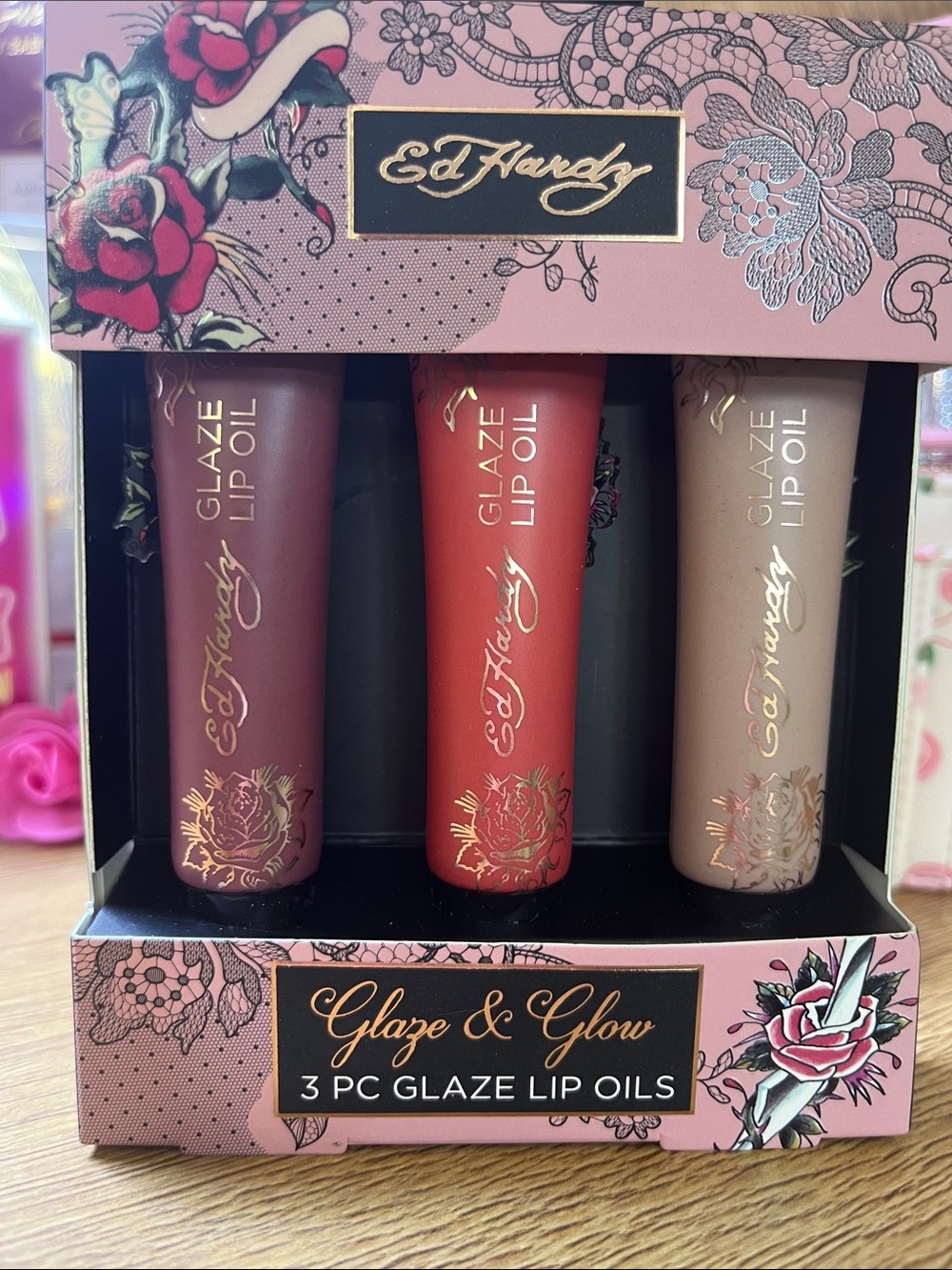 Ed Hardy Glaze & Glow 3-Piece Glaze Lip Oils - Pink, Red, Nude